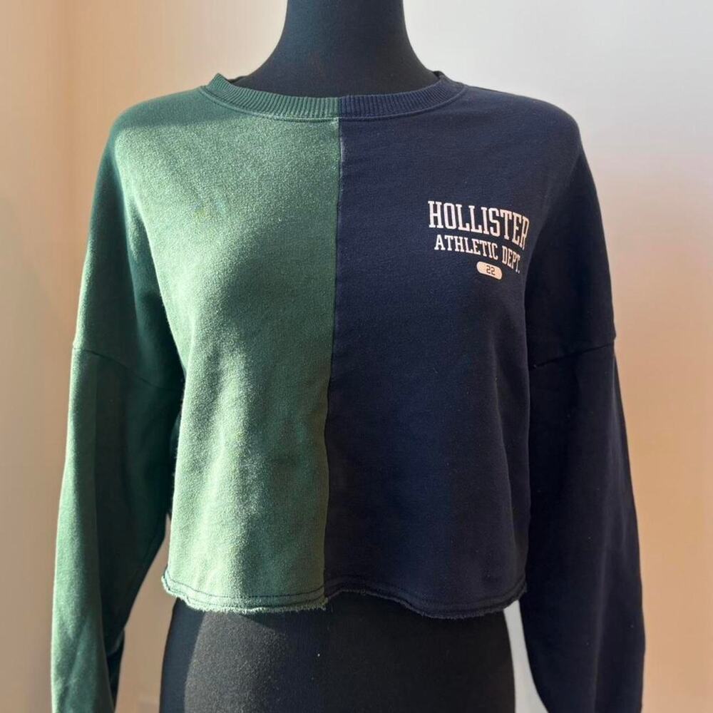 Hollister Navy and Green Colorblock Preppy Long Sleeved Cropped Sweater Sz Small
